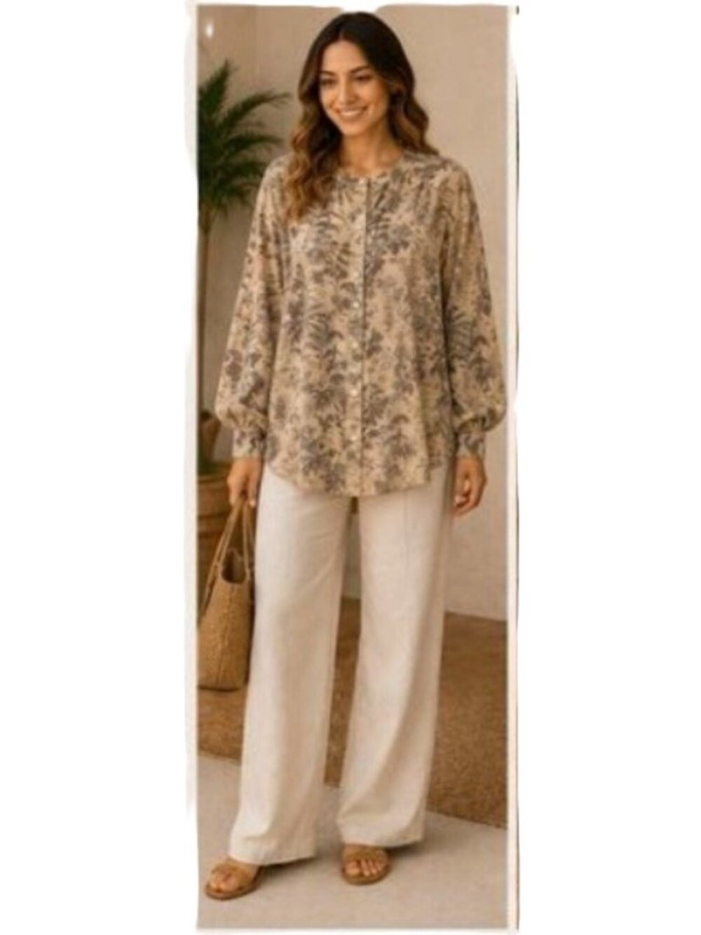 Vintage August Silk Blouse Womens Size L Button Up Tropical Nature Print Artsy
